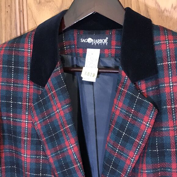 Vintage Sag Harbor Blazer Women's 14 Red Tartan Plaid Gold Thread 90s Wool Blend - Picture 3 of 12
